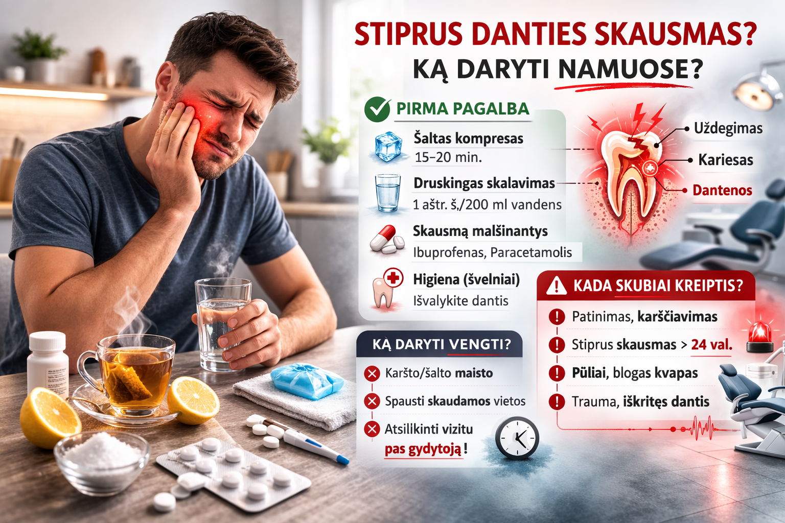 Stiprus danties skausmas: ką daryti namuose ir kada skubiai kreiptis?