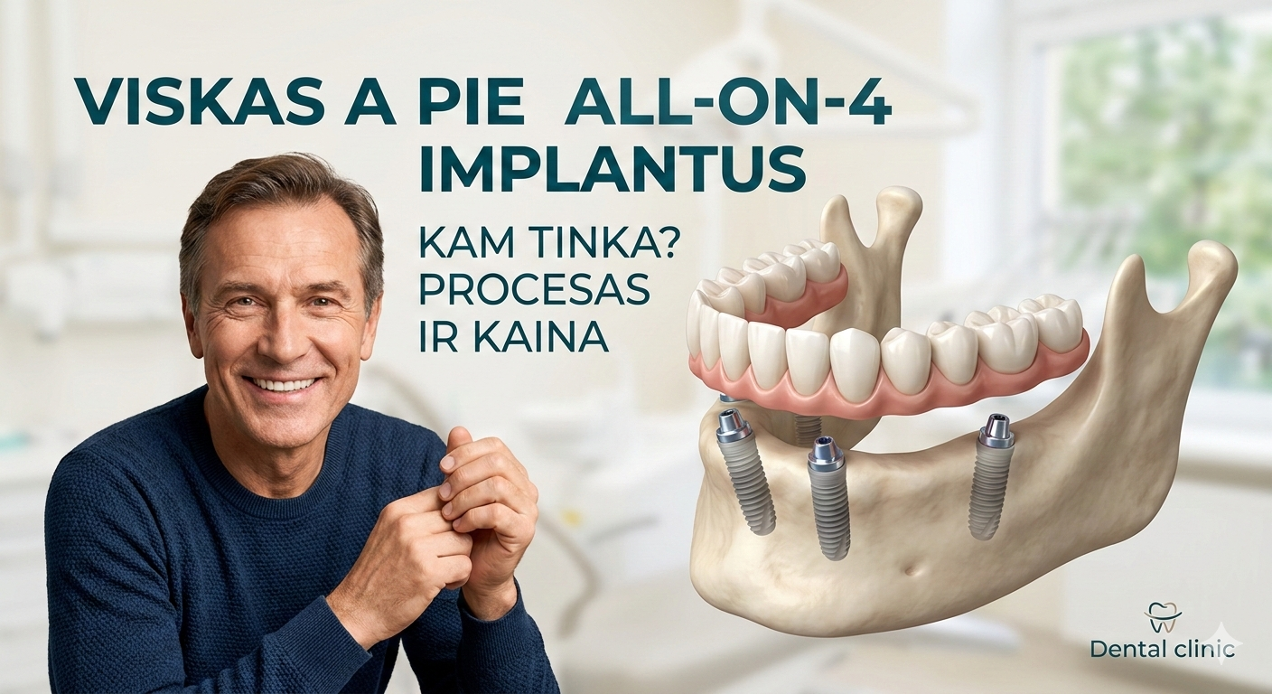 All-on-4 implantai 2026: kaina, eiga, atsiliepimai, pliusai ir minusai