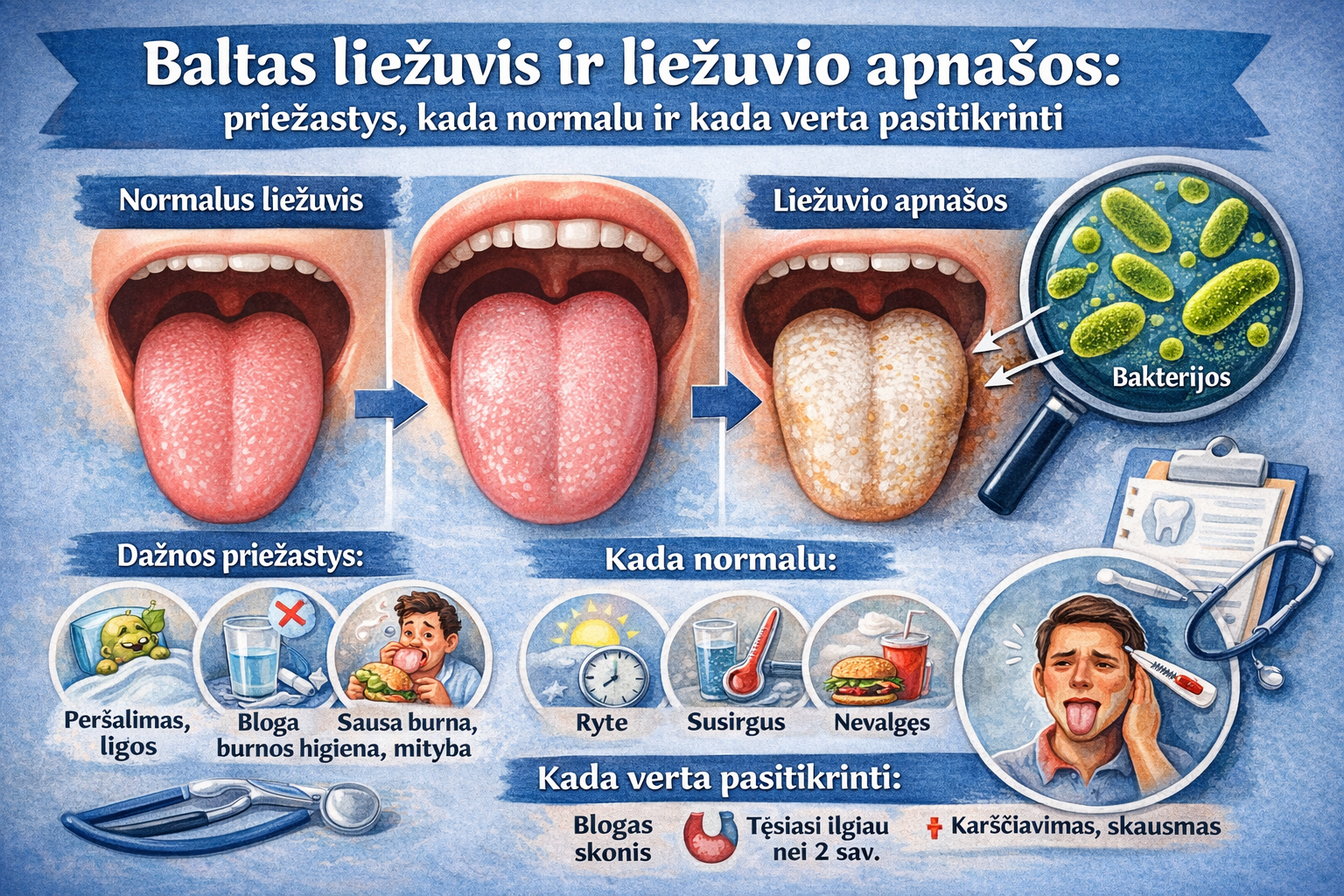 Baltas liežuvis ir liežuvio apnašos: priežastys, kada normalu ir kada verta pasitikrinti