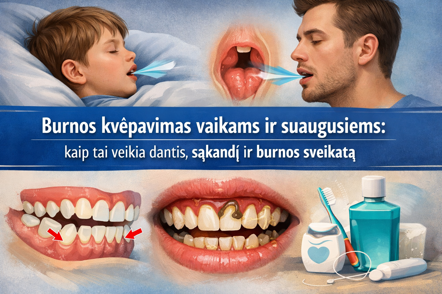 Burnos kvėpavimas vaikams ir suaugusiems: kaip tai veikia dantis, sąkandį ir burnos sveikatą
