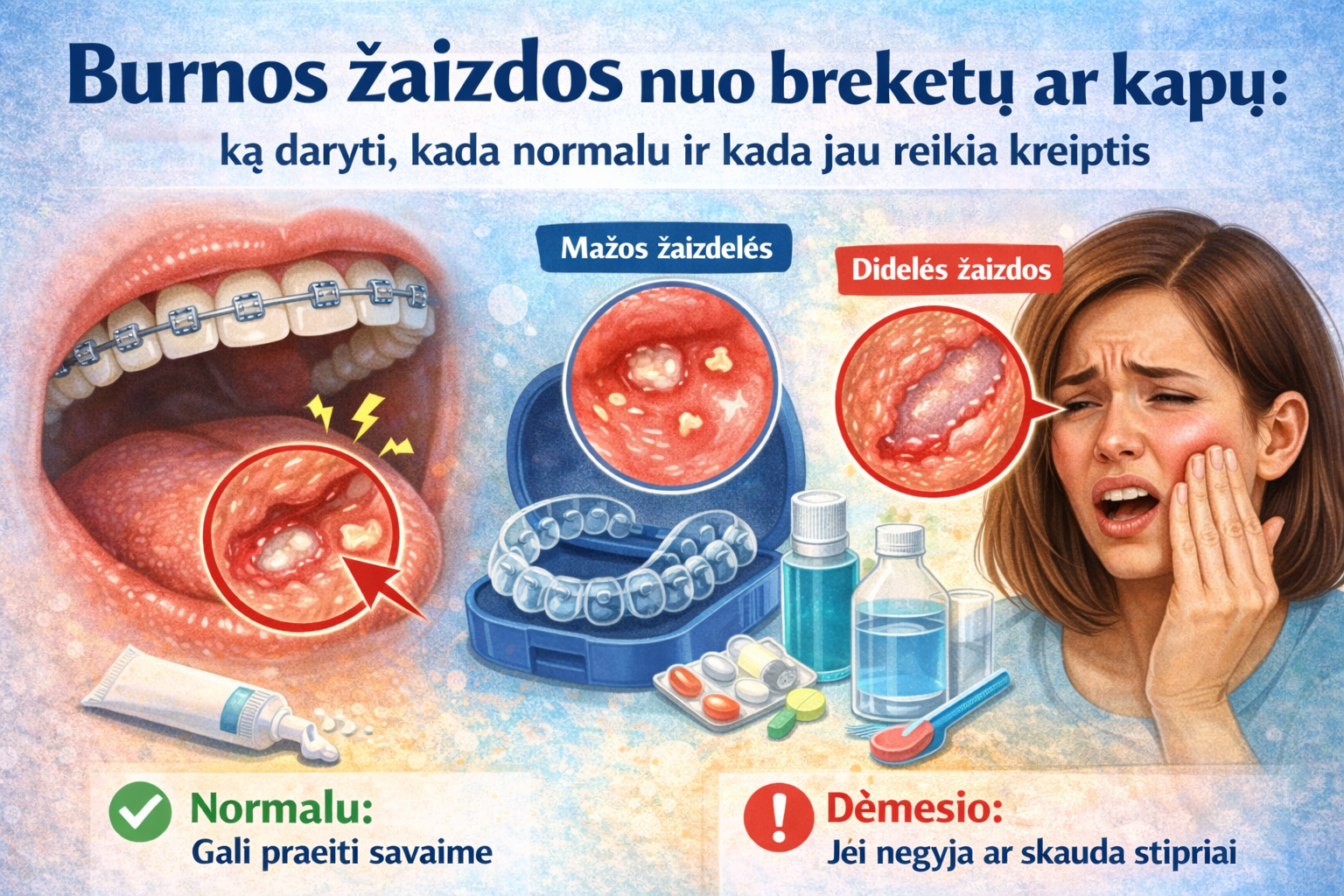 Burnos žaizdos nuo breketų ar kapų: ką daryti, kada normalu ir kada jau reikia kreiptis