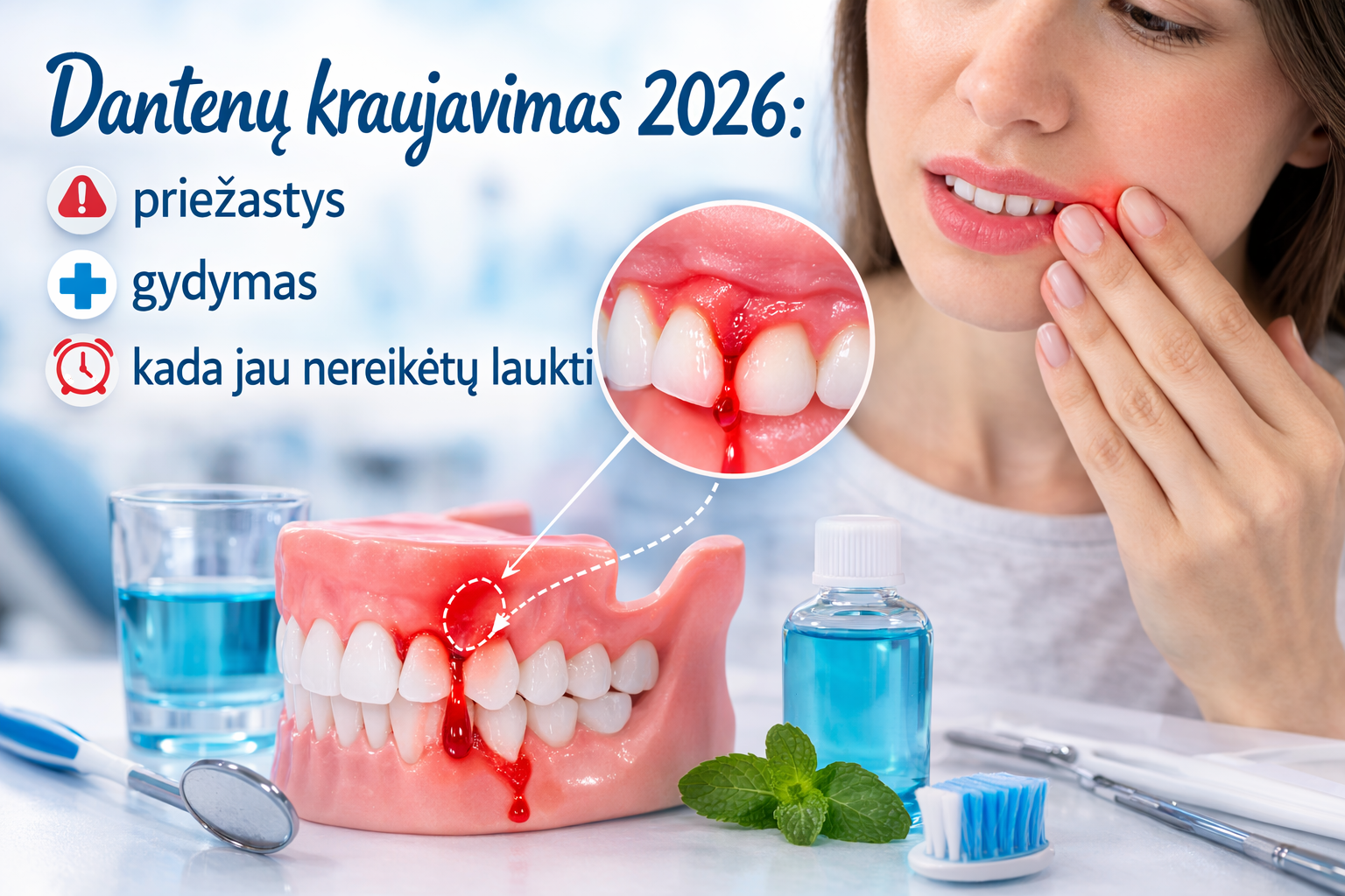 Dantenų kraujavimas 2026: priežastys, gydymas ir kada jau nereikėtų laukti