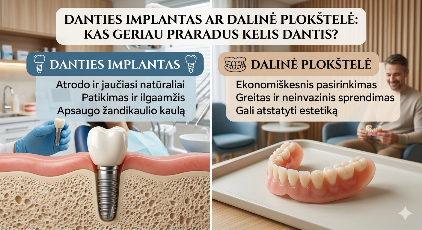 Danties implantas ar dalinė plokštelė: kas geriau praradus kelis dantis?