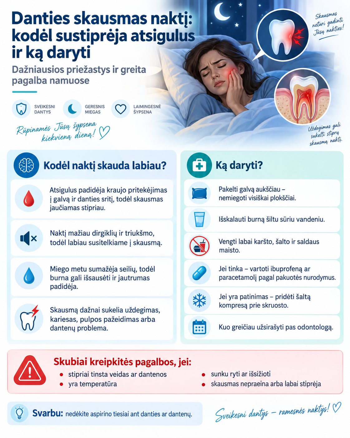 Danties skausmas naktį: kodėl sustiprėja atsigulus ir ką daryti