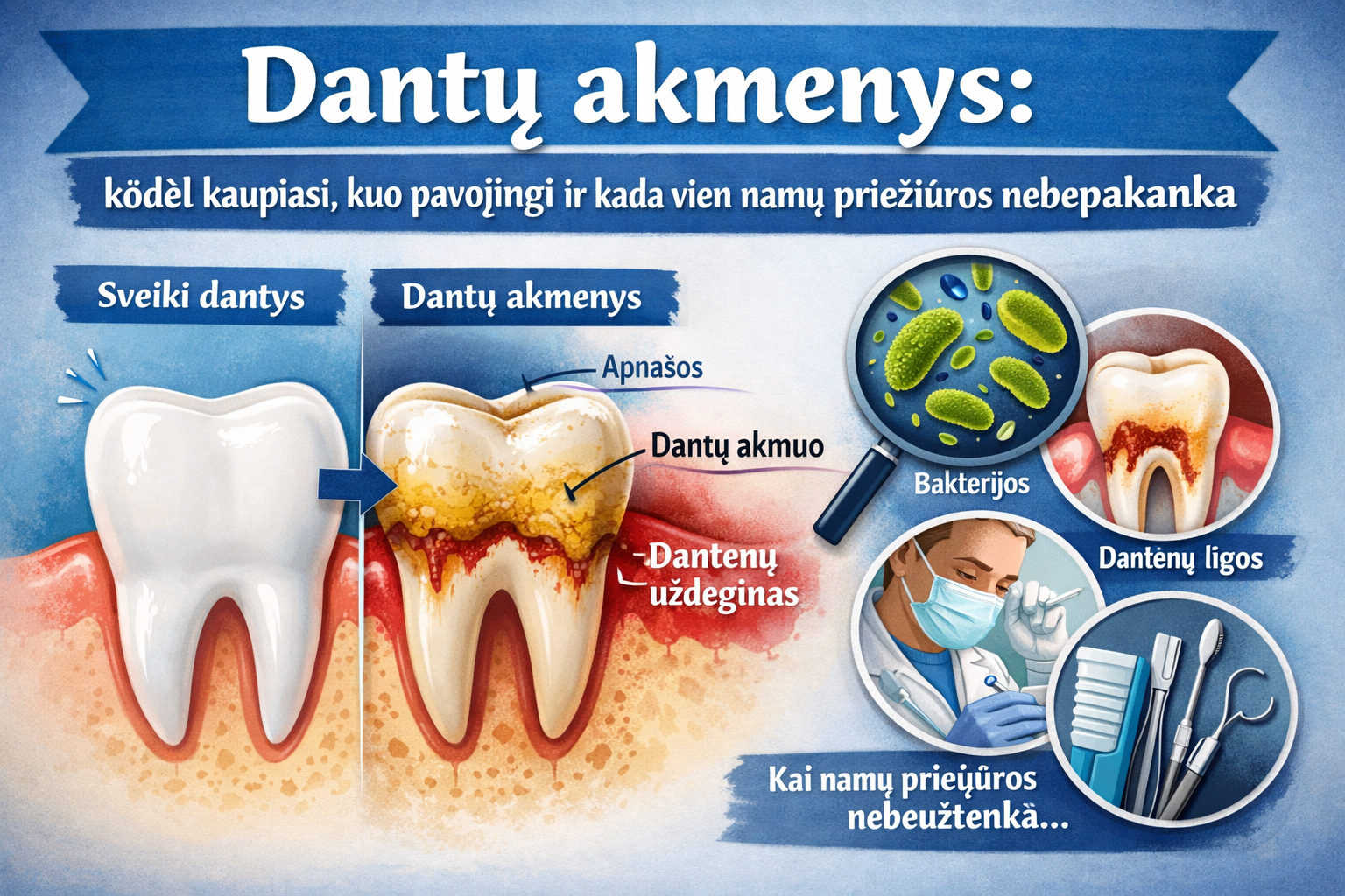 Dantų akmenys: kodėl kaupiasi, kuo pavojingi ir kada vien namų priežiūros nebepakanka