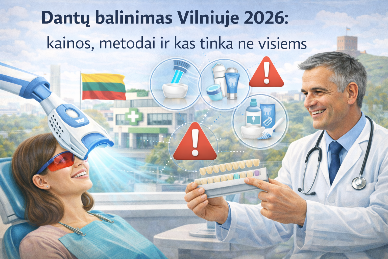 Dantų balinimas Vilniuje 2026: kainos, metodai ir kas tinka ne visiems