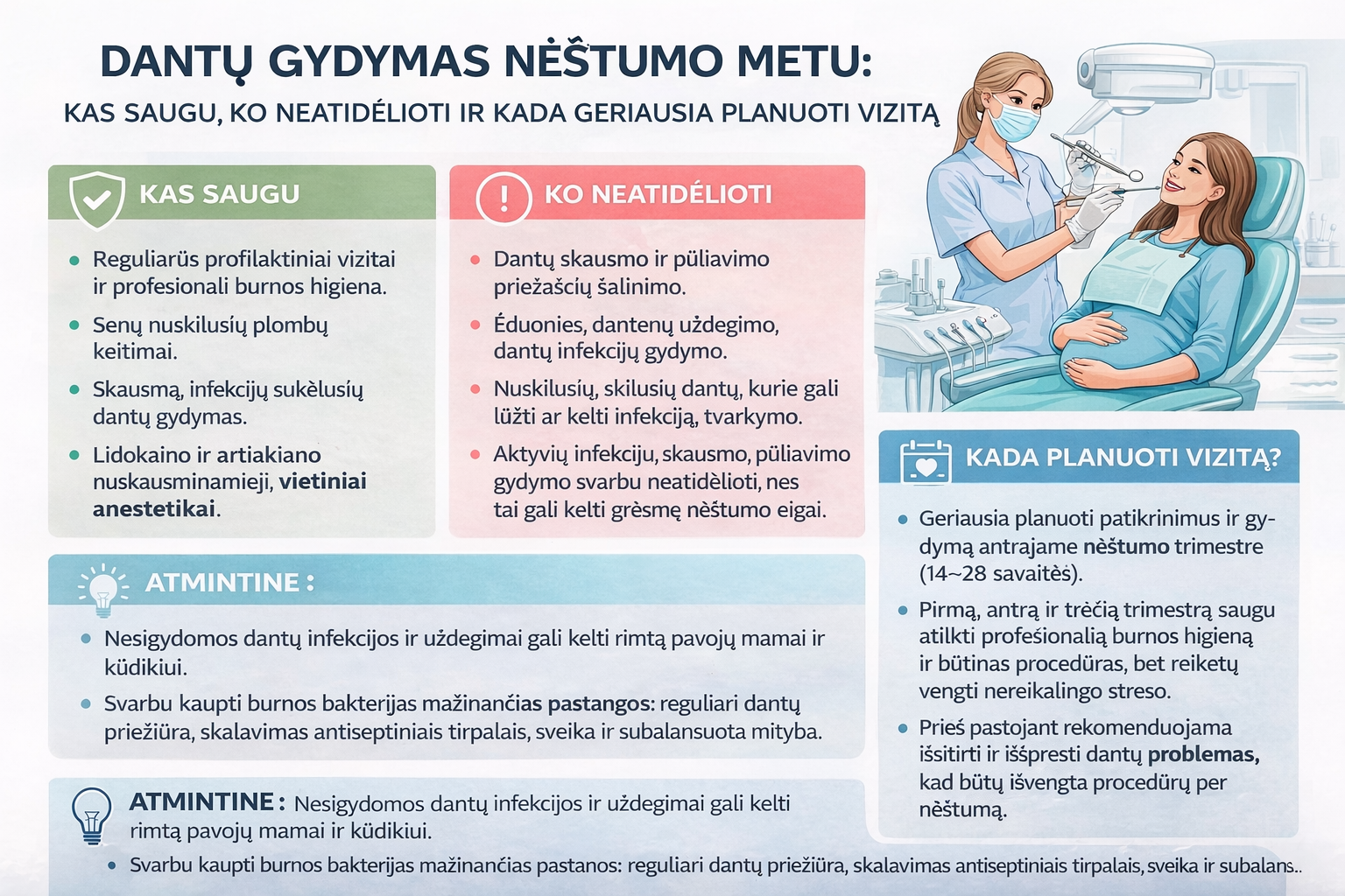 Dantų gydymas nėštumo metu: kas saugu, ko neatidėlioti ir kada geriausia planuoti vizitą