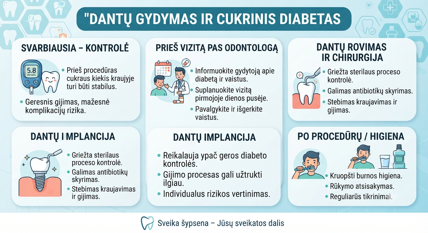 Dantų gydymas sergant cukriniu diabetu: ką svarbu žinoti prieš implantaciją, rovimą ir kitas procedūras