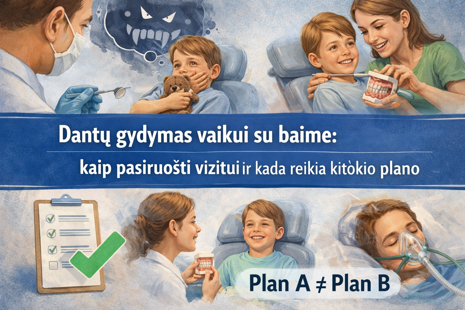 Dantų gydymas vaikui su baime: kaip pasiruošti vizitui ir kada reikia kitokio plano