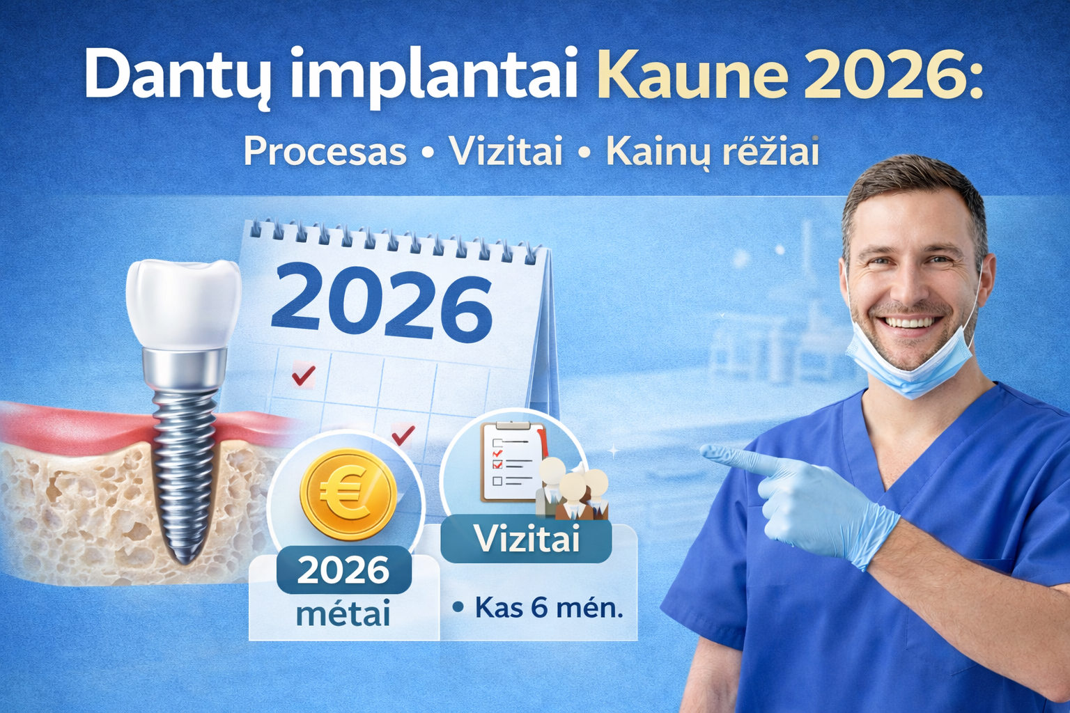 Dantų implantai Kaune 2026: procesas, vizitai ir kainų rėžiai