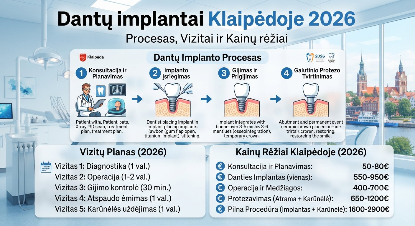 Dantų implantai Klaipėdoje 2026: procesas, vizitai ir kainų rėžiai