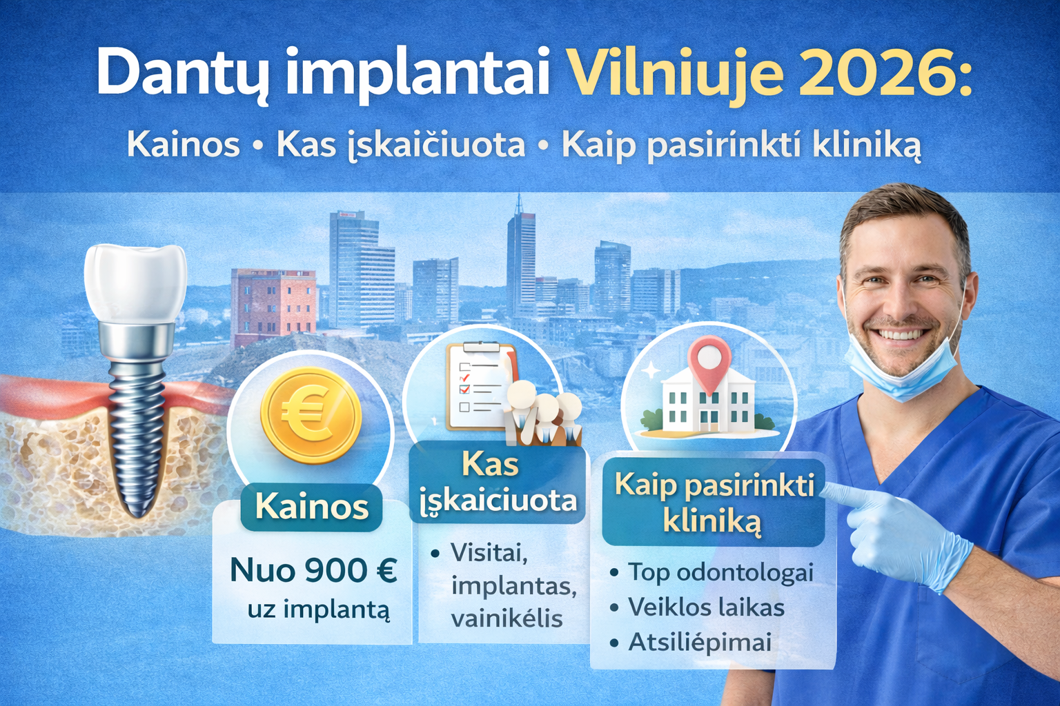 Dantų implantai Vilniuje 2026: kainos, kas įskaičiuota ir kaip pasirinkti kliniką