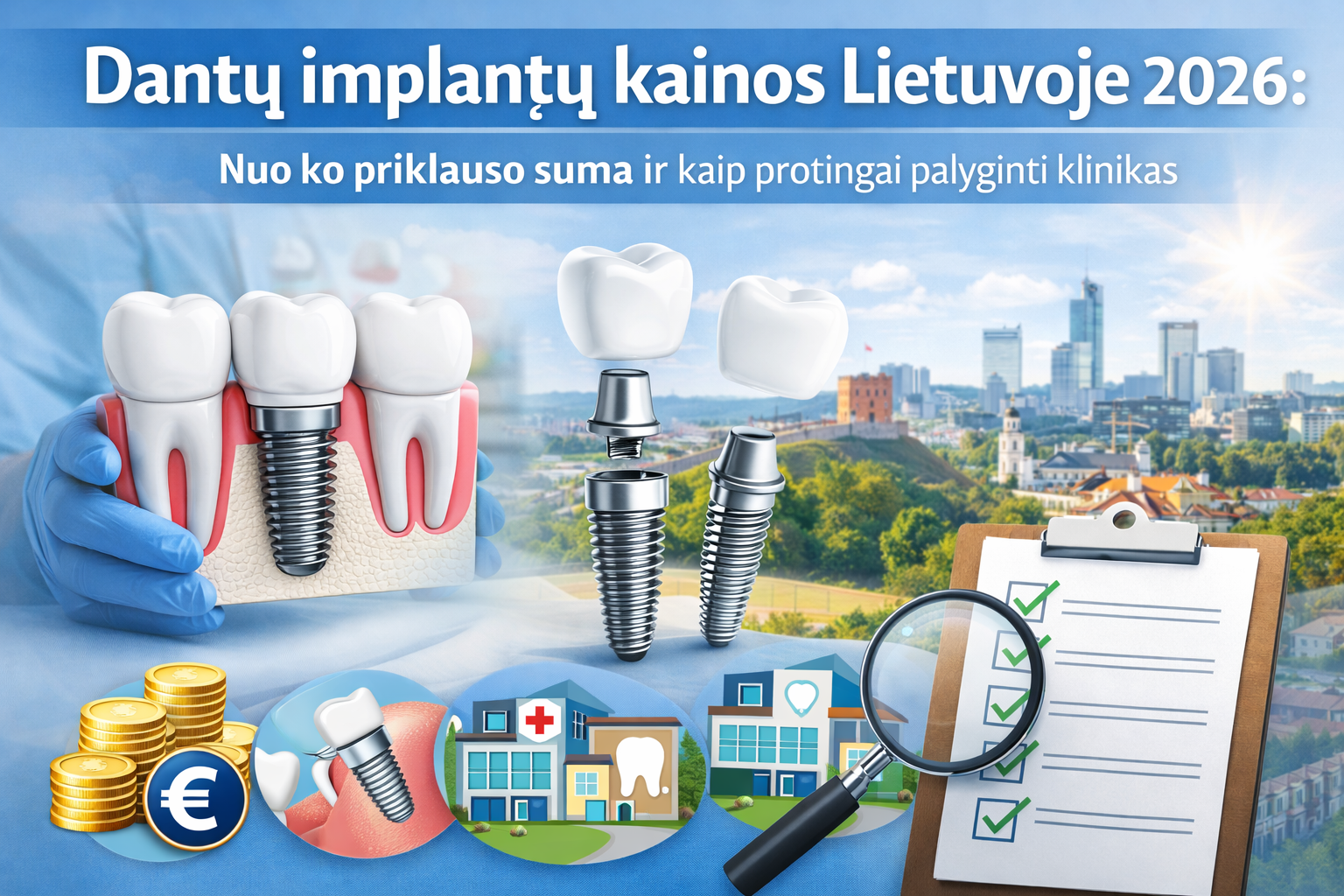 Dantų implantų kainos Lietuvoje 2026: nuo ko priklauso suma ir kaip protingai palyginti klinikas
