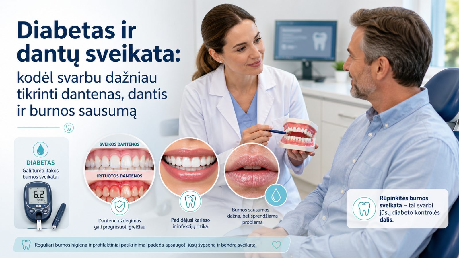 Diabetas ir dantų sveikata: kodėl svarbu dažniau tikrinti dantenas, dantis ir burnos sausumą