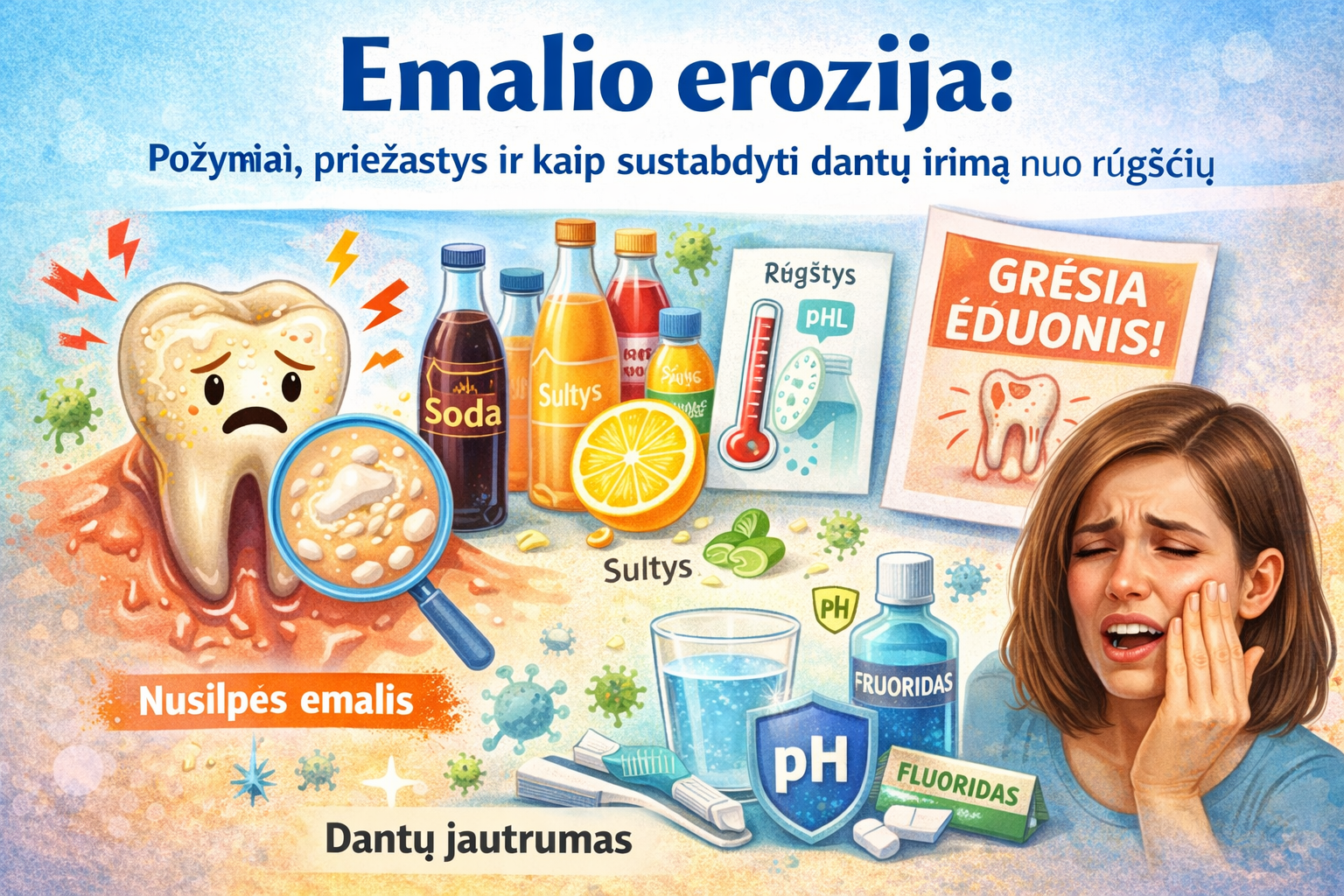 Emalio erozija: požymiai, priežastys ir kaip sustabdyti dantų irimą nuo rūgščių