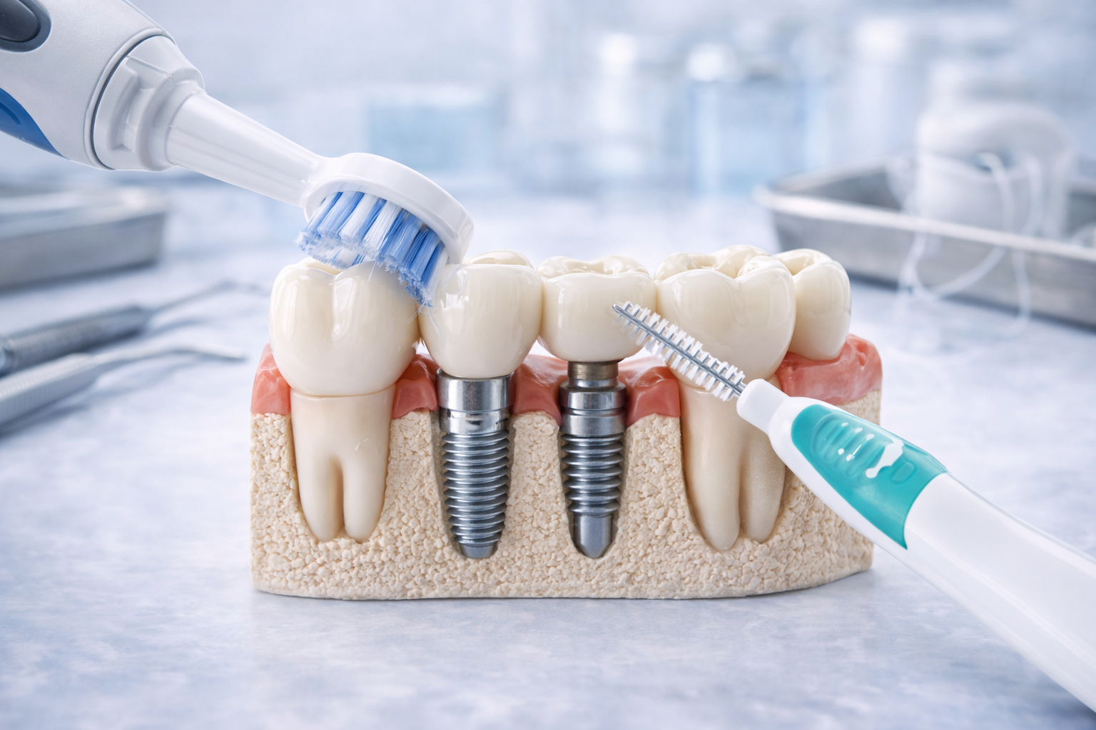 Implantų priežiūra: kaip valyti implantus ir tarpdančius kasdien