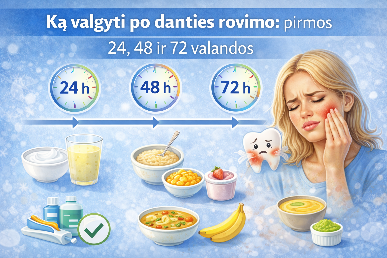 Ką valgyti po danties rovimo: pirmos 24, 48 ir 72 valandos