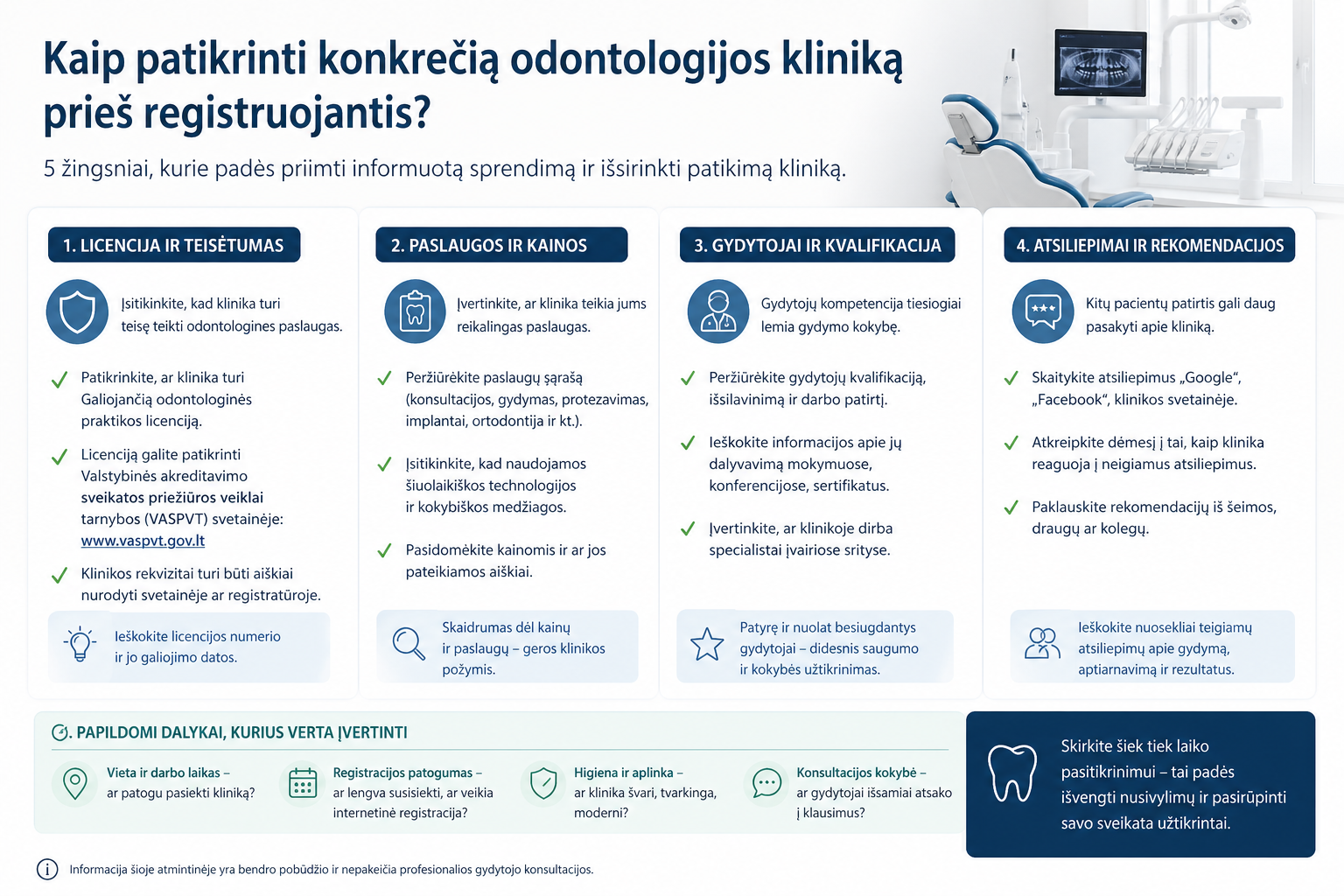 Kaip patikrinti konkrečią odontologijos kliniką prieš registruojantis: licencija, paslaugos, gydytojai ir atsiliepimai