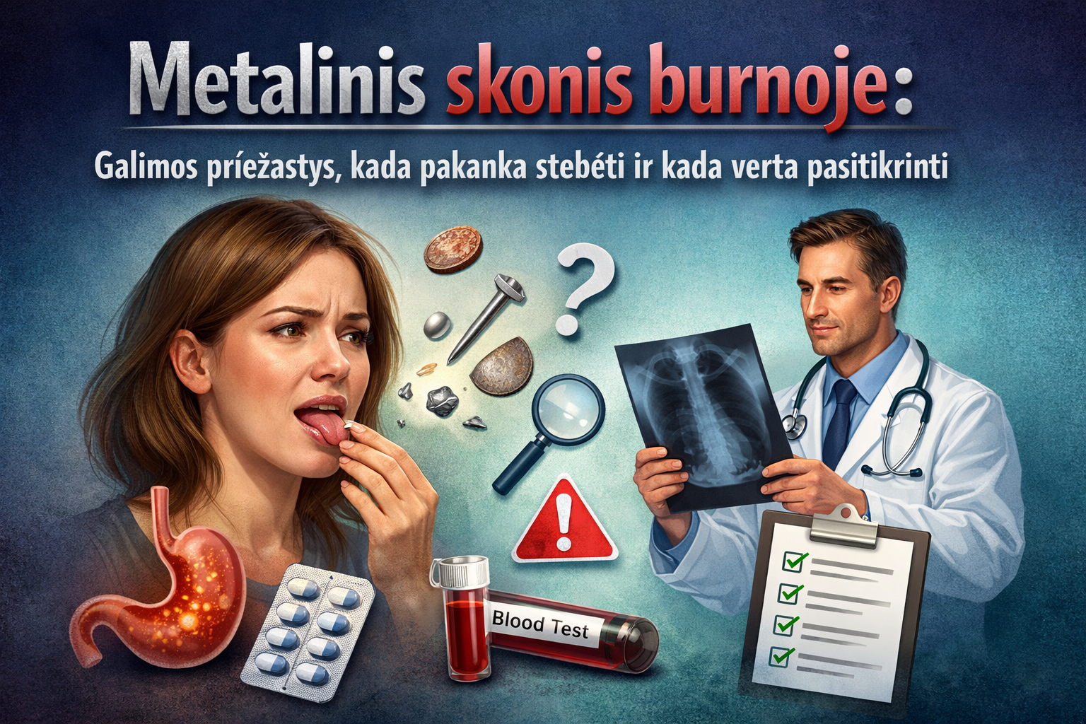 Metalinis skonis burnoje: galimos priežastys, kada pakanka stebėti ir kada verta pasitikrinti