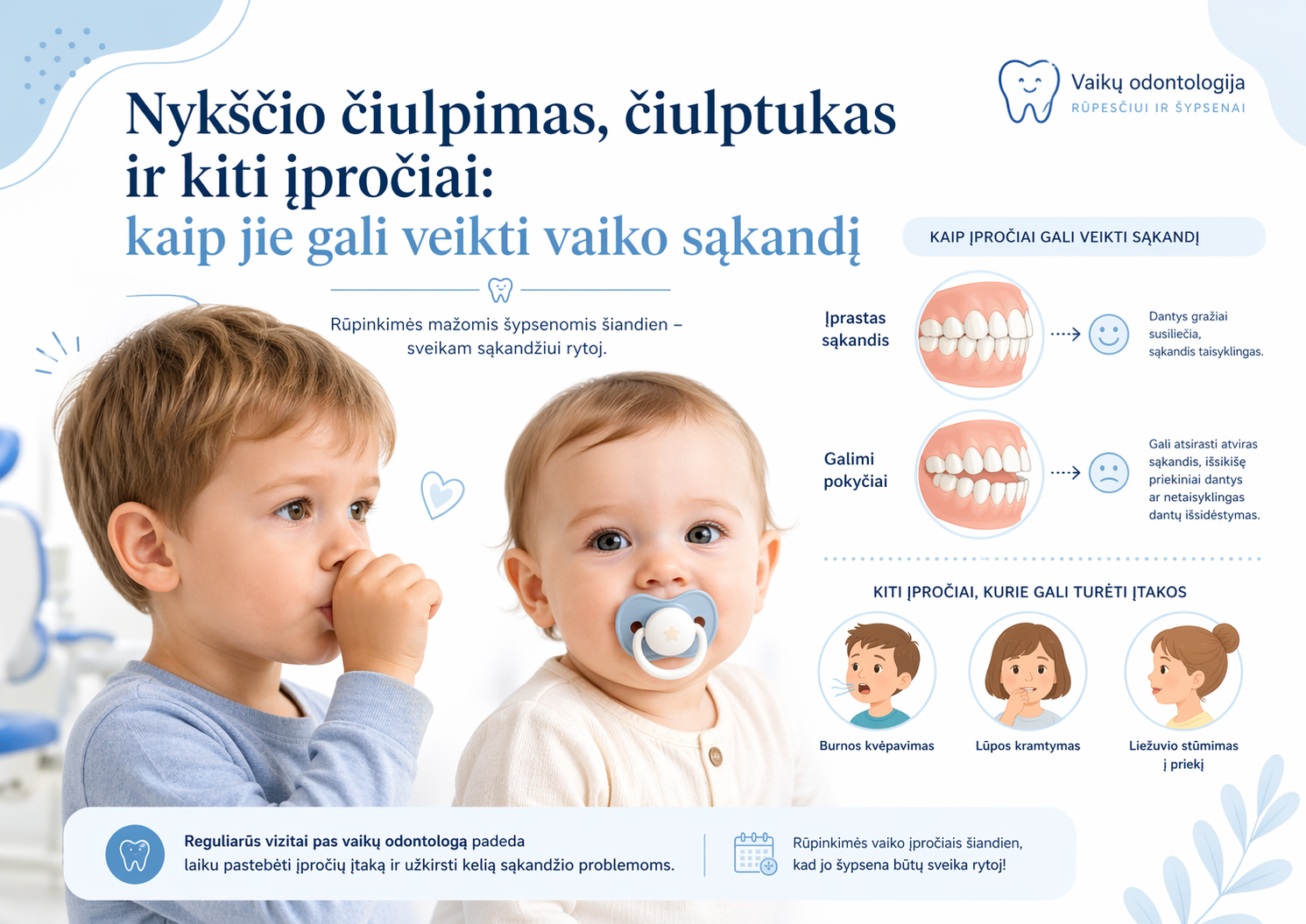 Nykščio čiulpimas, čiulptukas ir kiti įpročiai: kaip jie gali veikti vaiko sąkandį