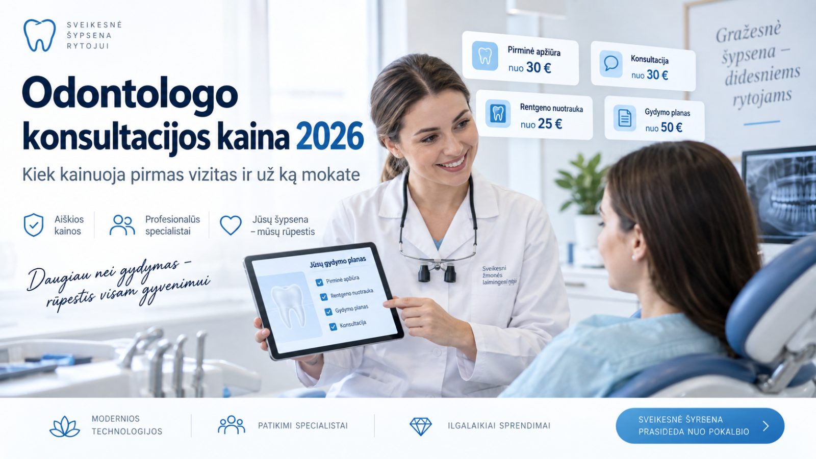 Odontologo konsultacijos kaina 2026: kiek kainuoja pirmas vizitas ir už ką mokate