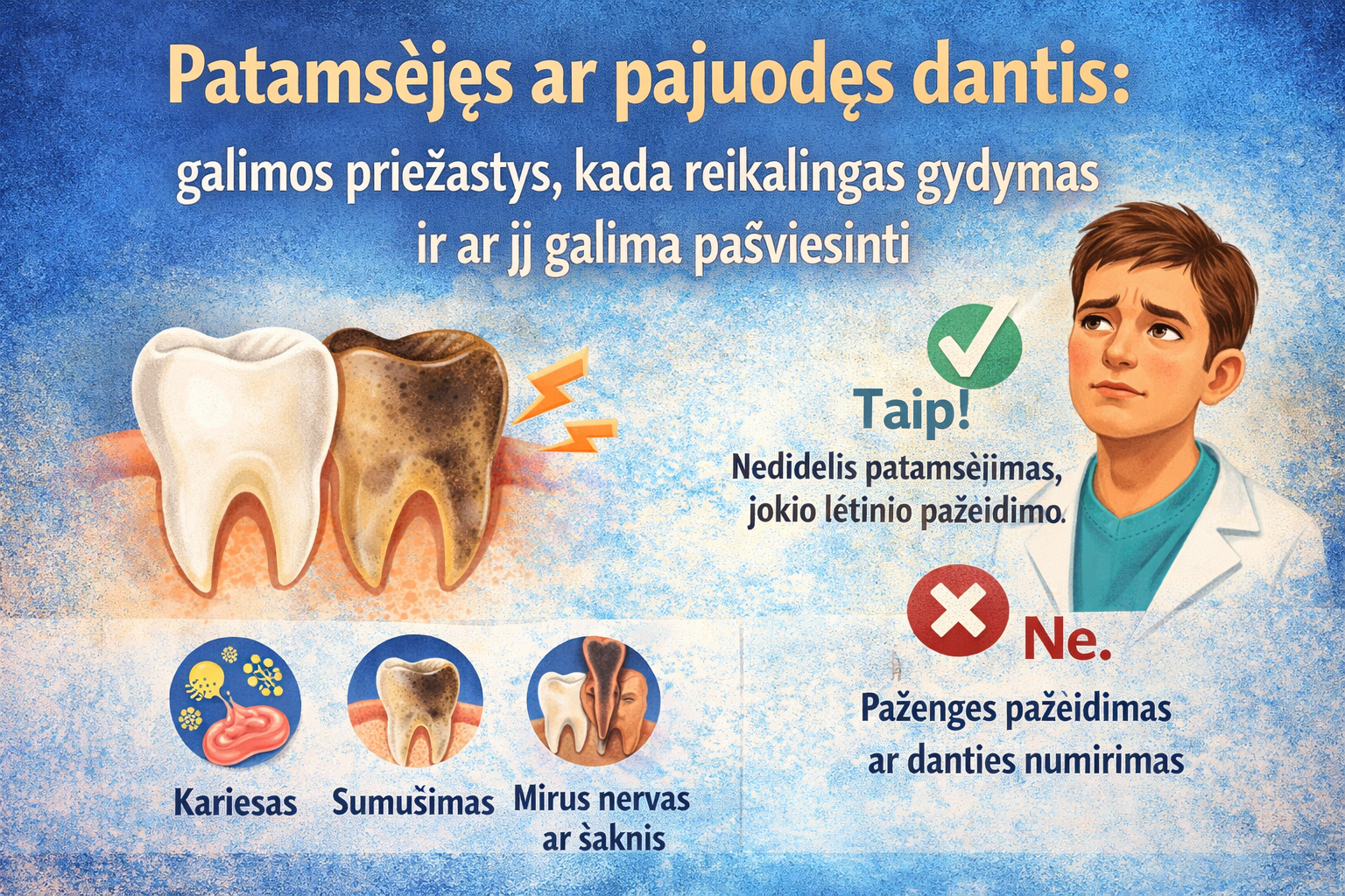 Patamsėjęs ar pajuodęs dantis: galimos priežastys, kada reikalingas gydymas ir ar jį galima pašviesinti
