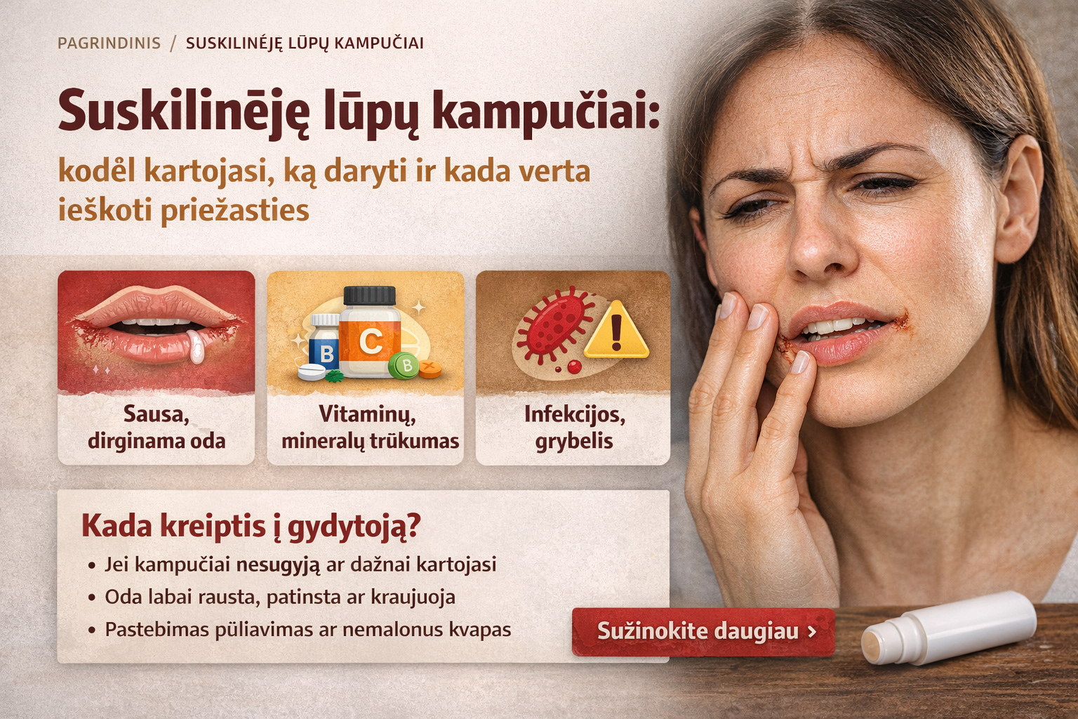 Suskilinėję lūpų kampučiai: kodėl kartojasi, ką daryti ir kada verta ieškoti priežasties